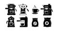 Coffee machine icons with steaming cup and coffee bag vector set for beverage and kitchen design Royalty Free Stock Photo