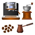 Coffee machine, old grinder and metal turk set