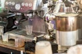Coffee machine ready to make good a cup of espresso in cafe. coffee machine making a cup of coffee in restaurant. Royalty Free Stock Photo