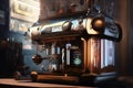Coffee machine with a robust metallic look on the counter of a cafe while preparing an espresso, made with generative AI