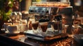 Coffee machine on a table with coffees with a soft layer of delicate foam. Coffee beans, a soft layer of foam, and a warm morning