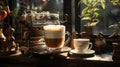 Coffee machine on a table with coffees with a soft layer of delicate foam. Coffee beans, a soft layer of foam, and a warm morning