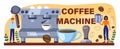 Coffee machine typographic header. Barista making a cup of hot coffee