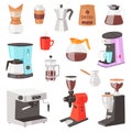 Coffee machine vector coffeemaker and coffee-machine for espresso drink with caffeine in cafe illustration set of