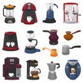 Coffee machine vector coffeemaker and coffee-machine for espresso drink with caffeine in cafe illustration set of