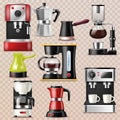 Coffee machine vector coffeemaker and coffee-machine for espresso drink with caffeine in cafe illustration set of Royalty Free Stock Photo