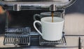 Close-up of espresso pouring from coffee machine to make latte Royalty Free Stock Photo