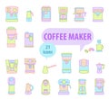 Coffee machines. Different types of coffee machines. Colored coffee machine icons with strokes. Printing materials