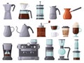 Coffee machines, french press, cezve, pot, aeropress and espresso machine. Coffee brewing tools, cups and coffee pots