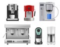 Coffee machines. Kitchen items for preparing hot beverage drinks cappuchino and espresso liquid products decent vector Royalty Free Stock Photo