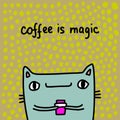 Coffee is magic hand drawn vector illustration in cartoon comic style cat holding cup drink Royalty Free Stock Photo