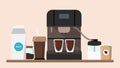 Coffee maker with coffee cartoon style. Vector illustration of delicious and appetizing homemade coffee with milk in a glass and