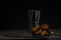 coffee maker and croissants on wooden table Royalty Free Stock Photo