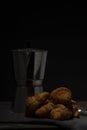 coffee maker and croissants on wooden table Royalty Free Stock Photo