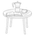 Coffee maker, cup of coffee and book on the table.Coloring book antistress for children and adults. Illustration Royalty Free Stock Photo