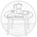 Coffee maker, cup of coffee and book on the table.Coloring book antistress for children and adults. Illustration