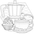 Coffee maker, cup and desserts.Coloring book antistress for children and adults Royalty Free Stock Photo