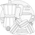 Coffee maker and macaroons.Coloring book antistress for children and adults