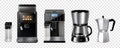 Coffee maker machines, cafe and barista brewing tools, vector 3d realistic set. Coffee makers and machines, espresso drip pot, Royalty Free Stock Photo