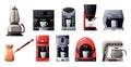 Coffee maker machines icons set. Kitchen accessories for making a drink. Isolated electronic equipment