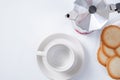 Coffee maker white breakfast cup and cookies on background Royalty Free Stock Photo