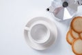 Coffee maker white breakfast cup and cookies on background Royalty Free Stock Photo