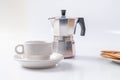 Coffee maker white breakfast cup and cookies on background Royalty Free Stock Photo