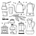 Coffee makers set. Percolator, syphon, pour-over, cezve, french press, grinder, cups and plant. Hand drawn outline sketch