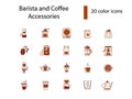 Coffee making appliance flat icons set. Apron, scale, measuring cup. Coffee sacs. Isolated vector illustration