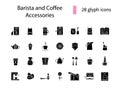 Coffee making appliance glyph icons set. Apron, scale, measuring cup. Isolated vector stock illustration