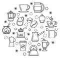 Coffee making tools in circle composition. Line icons