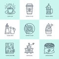 Coffee making, brewing equipment vector line icons. Elements - coffeemaker, french press, grinder, espresso, cup, beans Royalty Free Stock Photo