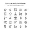 Coffee making equipment flat line icons. Elements - moka pot, french press, grinder, espresso, vending, plant. Linear