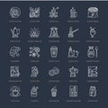 Coffee making equipment vector line icons. Tools - moka pot, french press, coffee grinder, espresso, vending, plant