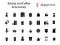 Coffee making tools glyph icons set. Professional plunger for espresso making. Isolated vector stock illustration Royalty Free Stock Photo