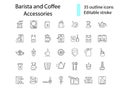 Coffee making tools outline icons set. Barista accessories. Editable stroke. Isolated vector stock illustration Royalty Free Stock Photo