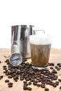 Coffee making tools. The thermometer for coffee, coffee cups and