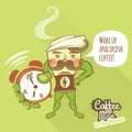 Coffee man character standing with his hands on the hips and showing ringing clocks