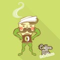 Coffee man character standing with his hands on the hips