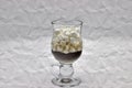 Coffee And Many Small Marshmallows In A Transparent Glass Cup On A Gray Background..Handling A Photo As An Imitation Of An Image