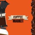 Coffee market, kettle french press and maker grains drink Royalty Free Stock Photo