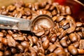 Coffee by the measure - coffee beans in a contanier with measuring spoon Royalty Free Stock Photo