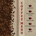 Coffee menu background with coffee beans. Royalty Free Stock Photo
