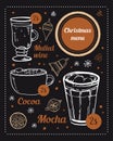 Coffee menu Christmas specials design template. Hand drawn vector sketch of different hot drinks and New Year decorations Royalty Free Stock Photo