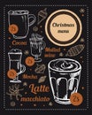 Coffee menu Christmas specials design template. Hand drawn vector sketch of different hot drinks, New Year decorations and titles Royalty Free Stock Photo