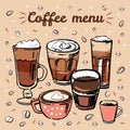 Coffee menu color set. Hand drawn vector sketch of different types of coffee drinks Royalty Free Stock Photo