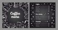 Coffee menu design template. Cover and list of hot drinks and desserts. Vector outline monochrome hand drawn illustration