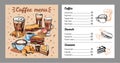 Coffee menu design template with list of coffee drinks, food and desserts. Cover with colorful mugs, sandwiches and cakes