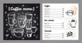 Coffee menu design template with list of hot drinks and desserts. Vector outline hand drawn illustration