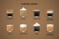 Coffee menu. Espresso in transparent glass cup, cappuccino and latte shot, americano, aroma mocha with ice milk. Cafe or